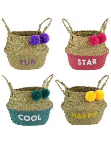CESTA MIMBRE COLORES POMPONES